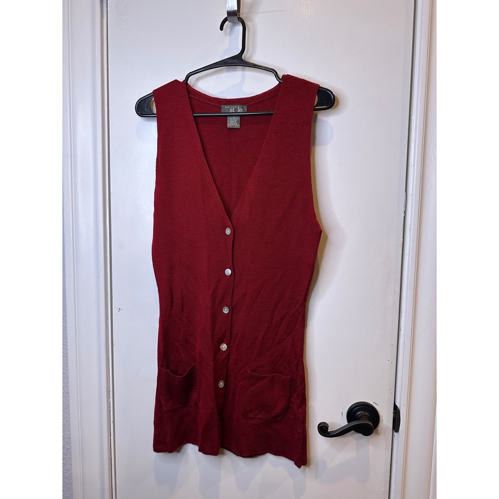 New York Style Womens Red Longline Knit Vest Button Front Wool Blend Pockets S